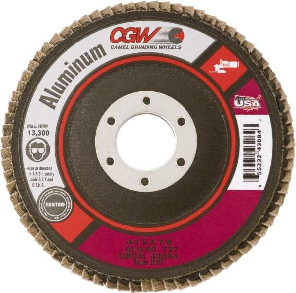 Camel Grinding Wheels - 36 Grit, 7" Disc Diam, 5/8-11 Center Hole, Type 27 Aluminum Oxide Flap Disc - 8,600 Max RPM, Polyester Backing, Arbor Attaching System, Coated - Eagle Tool & Supply