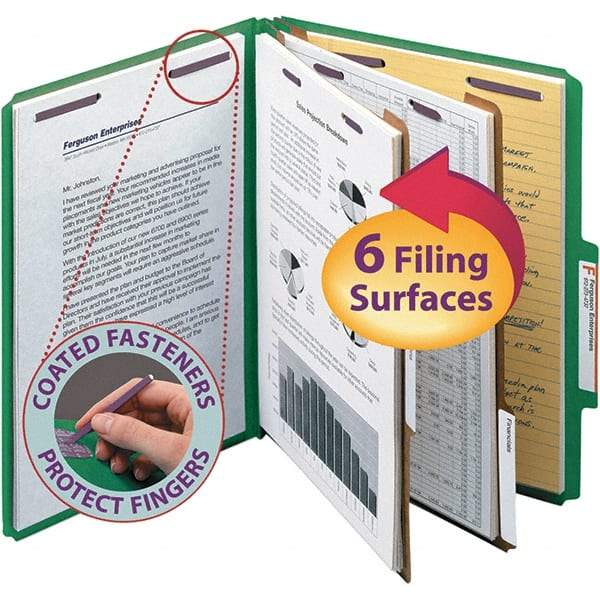 SMEAD - 11-5/8 x 9-1/2", Letter Size, Green, Classification Folders with Top Tab Fastener - 23 Point Stock, Right of Center Tab Cut Location - Eagle Tool & Supply