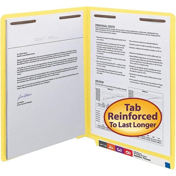 SMEAD - 12-1/4 x 9-1/2", Letter Size, Yellow, File Folders with End Tab - 11 Point Stock, Straight Tab Cut Location - Eagle Tool & Supply
