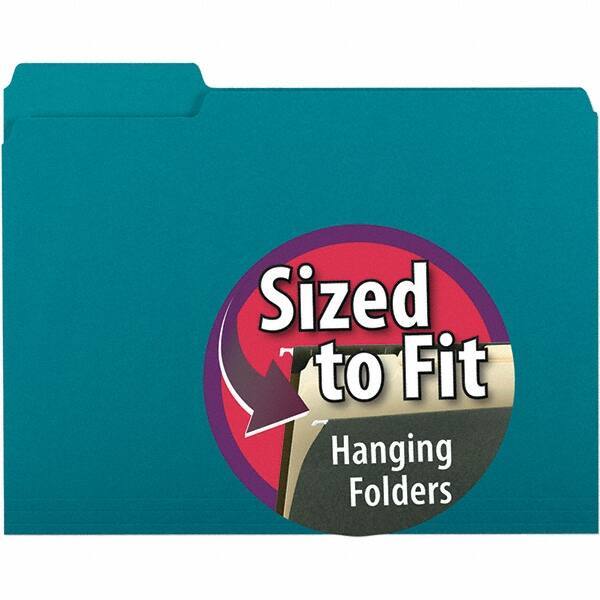 SMEAD - 11-5/8 x 9-3/16", Letter Size, Teal, File Folders with Top Tab - 11 Point Stock, Assorted Tab Cut Location - Eagle Tool & Supply