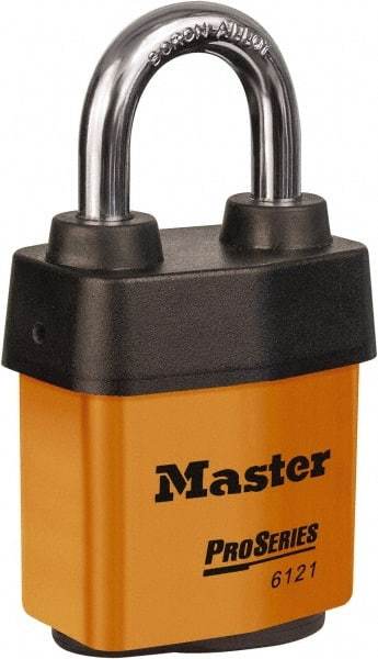 Master Lock - 1-1/8" Shackle Clearance, Keyed Different Padlock - 5/16" Shackle Diam, Laminated Steel - Eagle Tool & Supply