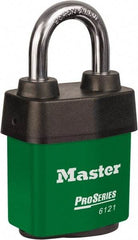 Master Lock - 1-1/8" Shackle Clearance, Keyed Different Padlock - 5/16" Shackle Diam, Laminated Steel - Eagle Tool & Supply