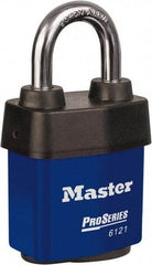 Master Lock - 1-1/8" Shackle Clearance, Keyed Different Padlock - 5/16" Shackle Diam, Laminated Steel - Eagle Tool & Supply