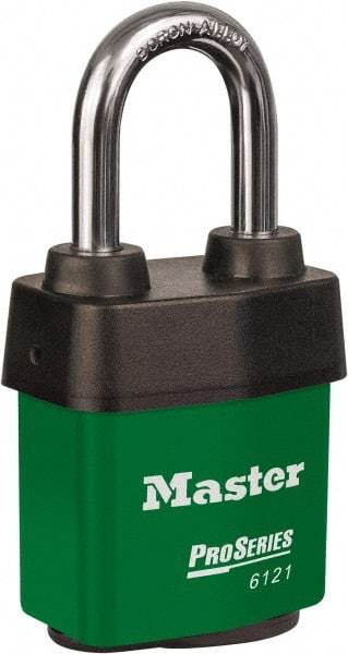 Master Lock - 1-1/2" Shackle Clearance, Keyed Different Padlock - 5/16" Shackle Diam, Laminated Steel - Eagle Tool & Supply