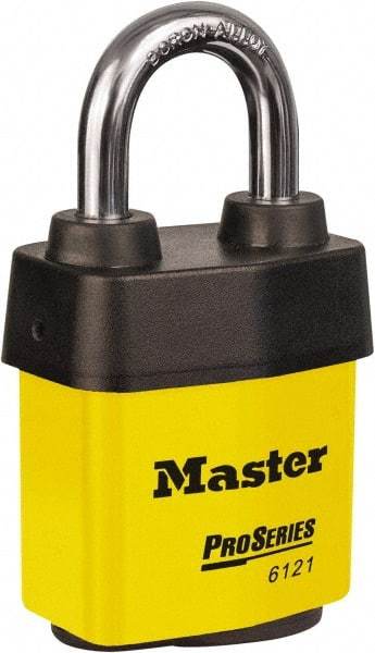 Master Lock - 1-1/8" Shackle Clearance, Keyed Different Padlock - 5/16" Shackle Diam, Laminated Steel - Eagle Tool & Supply