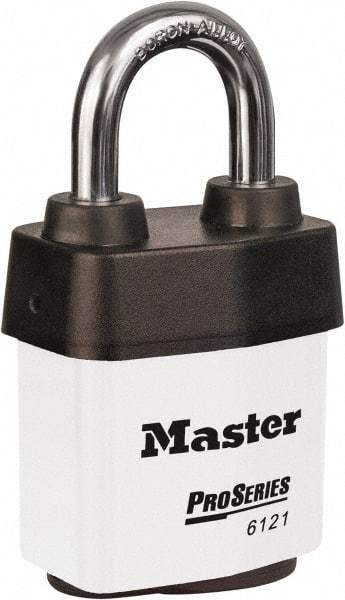 Master Lock - 1-1/8" Shackle Clearance, Keyed Different Padlock - 5/16" Shackle Diam, Laminated Steel - Eagle Tool & Supply