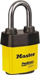 Master Lock - 1-1/2" Shackle Clearance, Keyed Different Padlock - 5/16" Shackle Diam, Laminated Steel - Eagle Tool & Supply