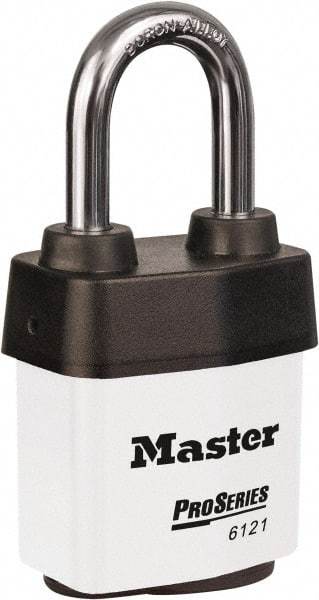 Master Lock - 1-1/2" Shackle Clearance, Keyed Different Padlock - 5/16" Shackle Diam, Laminated Steel - Eagle Tool & Supply