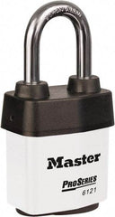 Master Lock - 1-1/2" Shackle Clearance, Keyed Different Padlock - 5/16" Shackle Diam, Laminated Steel - Eagle Tool & Supply