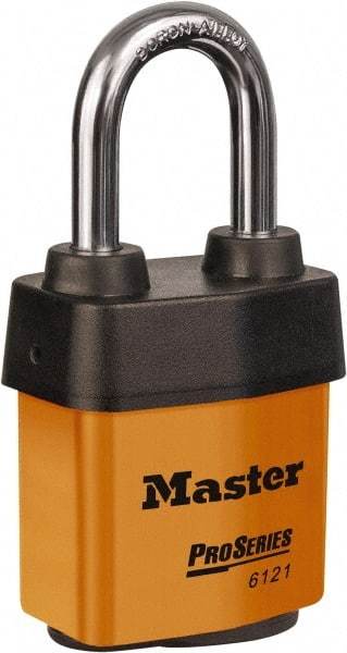 Master Lock - 1-1/2" Shackle Clearance, Keyed Different Padlock - 5/16" Shackle Diam, Laminated Steel - Eagle Tool & Supply