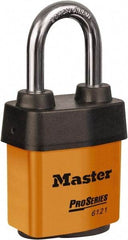 Master Lock - 1-1/2" Shackle Clearance, Keyed Different Padlock - 5/16" Shackle Diam, Laminated Steel - Eagle Tool & Supply