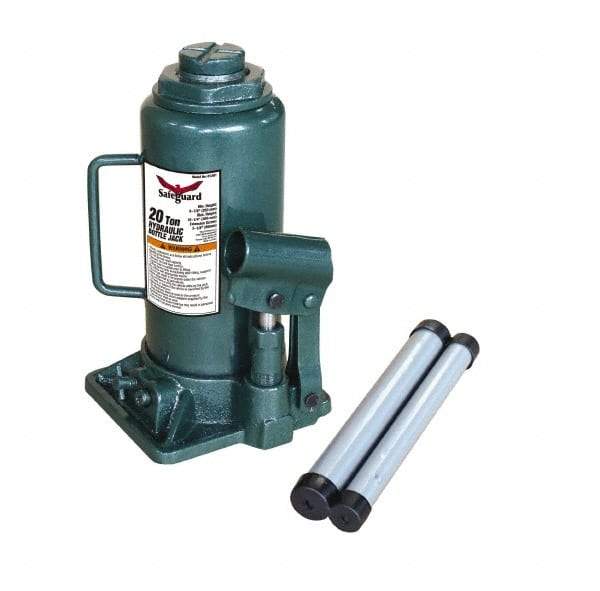 Safeguard - 20 Ton Capacity Hydraulic Bottle Jack - 9-1/2" to 17-3/4" High, 5.91" Piston Stroke, 1-7/8" Screw Length, 1.42" Screw Diam, 2.09" Plunger Diam, 5-15/16" Long x 6-1/4" Wide Base - Eagle Tool & Supply