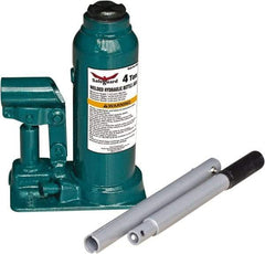 Safeguard - 2 Ton Capacity Hydraulic Bottle Jack - 7-1/2" to 14-3/8" High, 4.53" Piston Stroke, 2-3/8" Screw Length, 0.55" Screw Diam, 0.79" Plunger Diam, 2-1/2" Long x 4-15/16" Wide Base - Eagle Tool & Supply