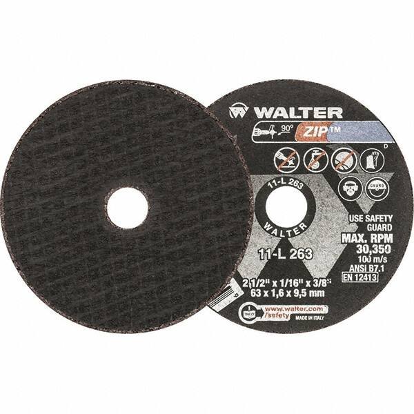 WALTER Surface Technologies - 2-1/2" 24 Grit Aluminum Oxide Cutoff Wheel - 1/16" Thick, 3/8" Arbor, 30,350 Max RPM, Use with Die Grinders - Eagle Tool & Supply