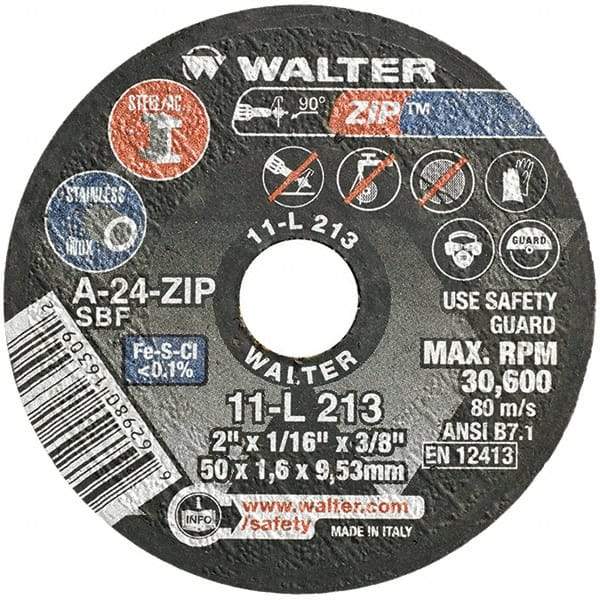 WALTER Surface Technologies - 2" 24 Grit Aluminum Oxide Cutoff Wheel - 1/16" Thick, 3/8" Arbor, 30,600 Max RPM, Use with Die Grinders - Eagle Tool & Supply