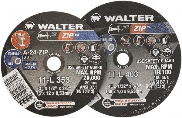 WALTER Surface Technologies - 2" 60 Grit Aluminum Oxide Cutoff Wheel - 1/32" Thick, 3/8" Arbor, 30,600 Max RPM, Use with Die Grinders - Eagle Tool & Supply