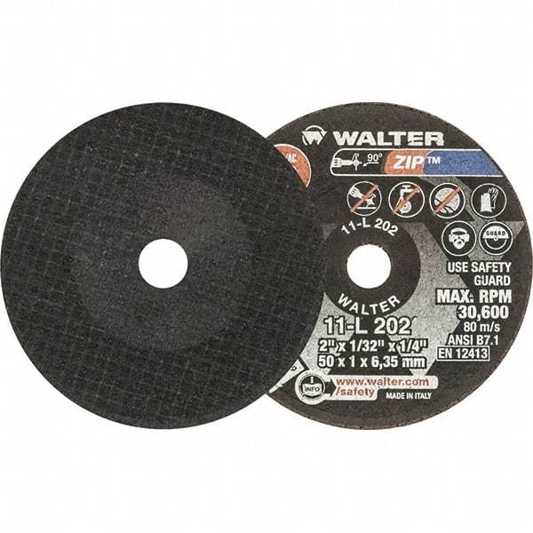 WALTER Surface Technologies - 2" 24 Grit Aluminum Oxide Cutoff Wheel - 1/32" Thick, 1/4" Arbor, 30,600 Max RPM, Use with Die Grinders - Eagle Tool & Supply