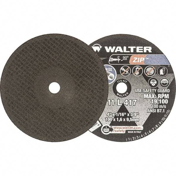 WALTER Surface Technologies - 4" 60 Grit Aluminum Oxide Cutoff Wheel - 1/16" Thick, 3/8" Arbor, 19,100 Max RPM, Use with Die Grinders - Eagle Tool & Supply