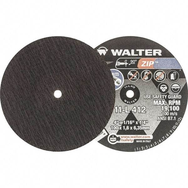 WALTER Surface Technologies - 4" 24 Grit Aluminum Oxide Cutoff Wheel - 1/16" Thick, 1/4" Arbor, 19,100 Max RPM, Use with Die Grinders - Eagle Tool & Supply