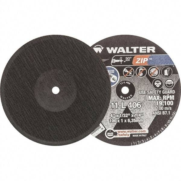 WALTER Surface Technologies - 4" 24 Grit Aluminum Oxide Cutoff Wheel - 1/32" Thick, 1/4" Arbor, 19,100 Max RPM, Use with Die Grinders - Eagle Tool & Supply