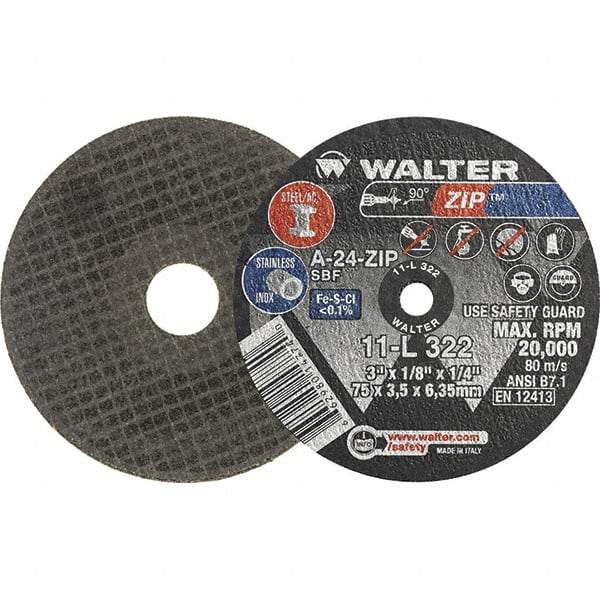 WALTER Surface Technologies - 3" 24 Grit Aluminum Oxide Cutoff Wheel - 1/8" Thick, 1/4" Arbor, 20,000 Max RPM, Use with Die Grinders - Eagle Tool & Supply