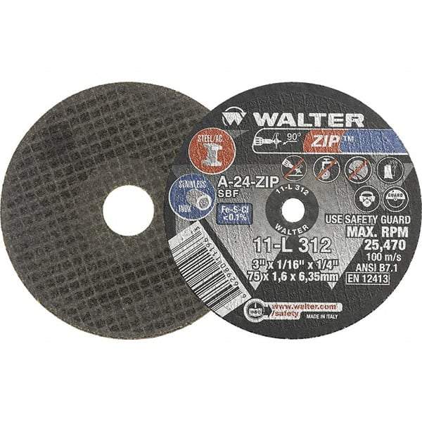 WALTER Surface Technologies - 3" 24 Grit Aluminum Oxide Cutoff Wheel - 1/16" Thick, 1/4" Arbor, 25,470 Max RPM, Use with Die Grinders - Eagle Tool & Supply