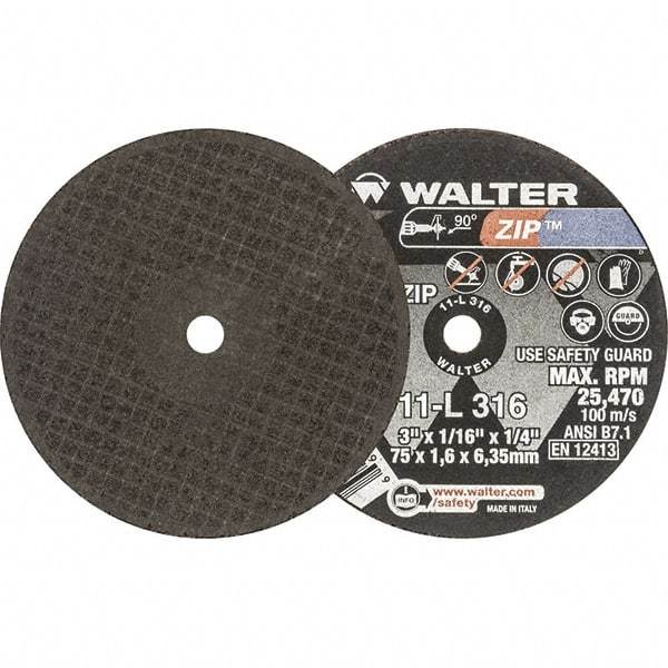 WALTER Surface Technologies - 3" 60 Grit Aluminum Oxide Cutoff Wheel - 1/16" Thick, 1/4" Arbor, 25,470 Max RPM, Use with Die Grinders - Eagle Tool & Supply