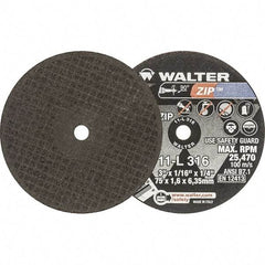 WALTER Surface Technologies - 3" 60 Grit Aluminum Oxide Cutoff Wheel - 1/16" Thick, 1/4" Arbor, 25,470 Max RPM, Use with Die Grinders - Eagle Tool & Supply