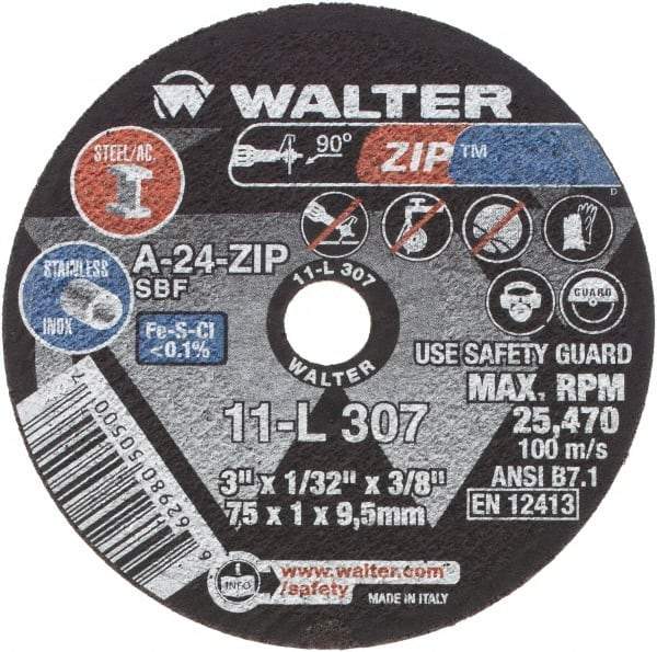 WALTER Surface Technologies - 3" 24 Grit Aluminum Oxide Cutoff Wheel - 1/32" Thick, 3/8" Arbor, 25,470 Max RPM, Use with Die Grinders - Eagle Tool & Supply