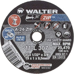 WALTER Surface Technologies - 3" 24 Grit Aluminum Oxide Cutoff Wheel - 1/32" Thick, 3/8" Arbor, 25,470 Max RPM, Use with Die Grinders - Eagle Tool & Supply