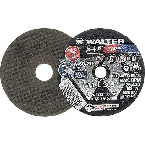 WALTER Surface Technologies - 3" 60 Grit Aluminum Oxide Cutoff Wheel - 1/32" Thick, 3/8" Arbor, 25,470 Max RPM, Use with Die Grinders - Eagle Tool & Supply