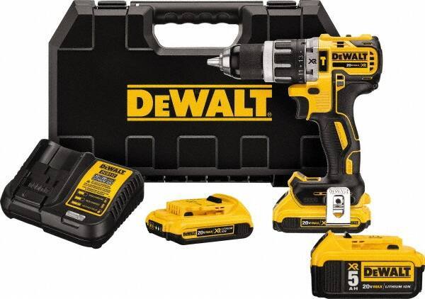 DeWALT - 20 Volt 1/2" Metal Single Sleeve w Carbide Jaws Ratcheting Chuck Chuck Cordless Hammer Drill - 0 to 34,000 BPM, 0 to 500 & 0 to 2,000 RPM, Reversible, Mid-Handle - Eagle Tool & Supply