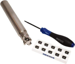 Seco - CVD Finish Micrograin Grade Carbide High Feed Milling Tip Insert Holder Kit - 1" Cut Diam, 1" Shank Diam, 7" OAL, 1" Cut Width, 0.035" Depth of Cut, 3 Flutes, Tool Steel Toolholder, Through Coolant, Series Master Mill - Eagle Tool & Supply