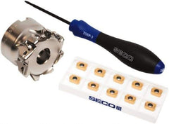 Seco - CVD Finish Micrograin Grade Carbide High Feed Milling Tip Insert Holder Kit - 2" Cut Diam, 2" Shank Diam, 1" OAL, 2" Cut Width, 0.035" Depth of Cut, 8 Flutes, Tool Steel Toolholder, Through Coolant, Series Master Mill - Eagle Tool & Supply