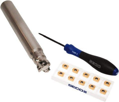 Seco - CVD Finish Micrograin Grade Carbide High Feed Milling Tip Insert Holder Kit - 1" Cut Diam, 1" Shank Diam, 7" OAL, 1" Cut Width, 0.035" Depth of Cut, 3 Flutes, Tool Steel Toolholder, Through Coolant, Series Master Mill - Eagle Tool & Supply