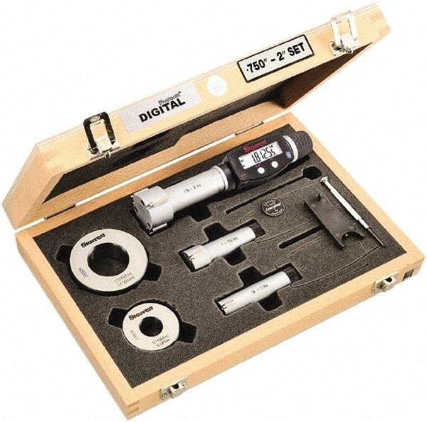 Starrett - 20 to 50mm, 80mm Gage Depth, 0.001mm Resolution, Friction Thimble, IP65 Electronic Inside Hole Micrometer Set - Accurate to 0.004mm, 1 Head, 3 Anvils, 2 Setting Rings, Data Output, Instant Inch/Millimeter Conversion - Eagle Tool & Supply