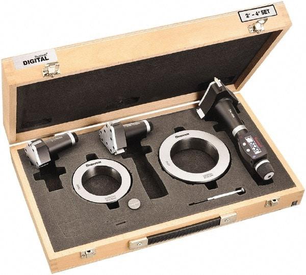 Starrett - 50 to 100mm, 100mm Gage Depth, 0.001mm Resolution, Friction Thimble, IP65 Electronic Inside Hole Micrometer Set - Accurate to 0.005mm, 1 Head, 3 Anvils, 2 Setting Rings, Data Output, Instant Inch/Millimeter Conversion - Eagle Tool & Supply