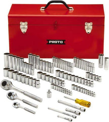 Proto - 101 Piece 1/4", 3/8" & 1/2" Drive Chrome Finish Deep Well Socket Set - 6, 8, 12 Points, 1/4" to 1" (4mm to 19mm) Range, Inch/Metric Measurement Standard - Eagle Tool & Supply