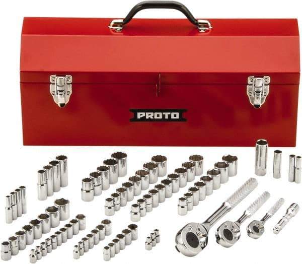 Proto - 81 Piece 1/4", 3/8" & 1/2" Drive Chrome Finish Deep Well Socket Set - 6, 12 Points, 5/32" to 13/16" (4mm to 19mm) Range, Inch/Metric Measurement Standard - Eagle Tool & Supply