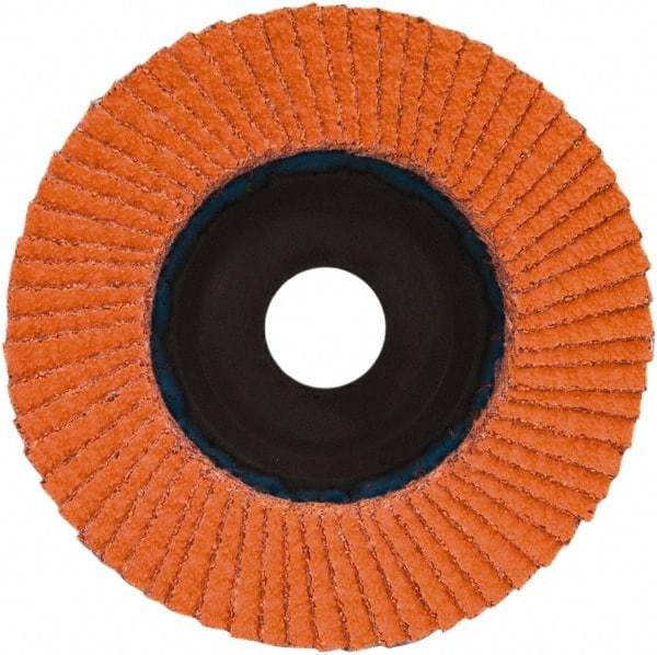 Norton - 36 Grit, 4-1/2" Disc Diam, 7/8" Center Hole, Type 27 Ceramic Alumina Flap Disc - 13,300 Max RPM, Plastic Backing, Arbor Attaching System, Coated - Eagle Tool & Supply