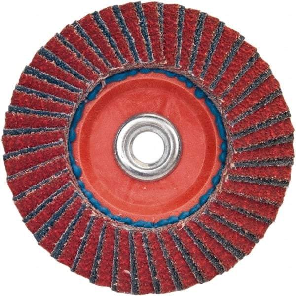 Norton - 36 Grit, 5" Disc Diam, 5/8-11 Center Hole, Type 27 Ceramic Alumina Flap Disc - 12,000 Max RPM, Plastic Backing, Arbor Attaching System, Coated - Eagle Tool & Supply