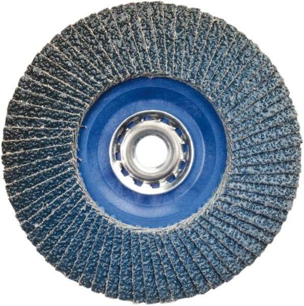Norton - 80 Grit, 5" Disc Diam, 5/8-11 Center Hole, Type 27 Zirconia Alumina Flap Disc - 12,000 Max RPM, Plastic Backing, Arbor Attaching System, Coated - Eagle Tool & Supply