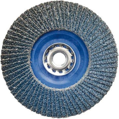Norton - 36 Grit, 5" Disc Diam, 5/8-11 Center Hole, Type 27 Zirconia Alumina Flap Disc - 12,000 Max RPM, Plastic Backing, Arbor Attaching System, Coated - Eagle Tool & Supply