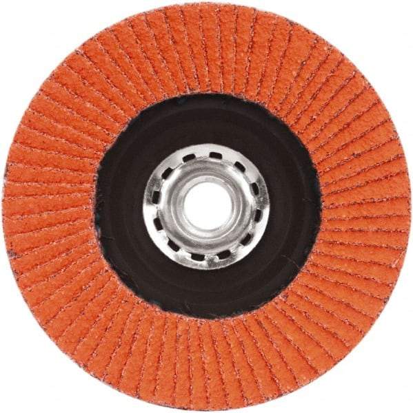 Norton - 40 Grit, 5" Disc Diam, 5/8-11 Center Hole, Type 27 Ceramic Alumina Flap Disc - 12,000 Max RPM, Plastic Backing, Arbor Attaching System, Coated - Eagle Tool & Supply