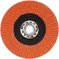 Norton - 80 Grit, 5" Disc Diam, 5/8-11 Center Hole, Type 27 Ceramic Alumina Flap Disc - 12,000 Max RPM, Plastic Backing, Arbor Attaching System, Coated - Eagle Tool & Supply