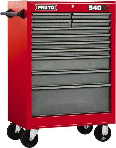 Proto - 11 Drawer Steel Tool Roller Cabinet - 27" Wide x 42" High x 18" Deep, Ball Bearing Drawer Slides, Safety Red/Gray - Eagle Tool & Supply