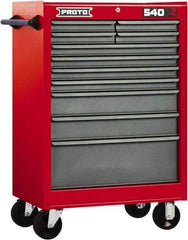Proto - 11 Drawer Steel Tool Roller Cabinet - 27" Wide x 42" High x 18" Deep, Ball Bearing Drawer Slides, Safety Red/Gray - Eagle Tool & Supply
