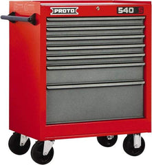 Proto - 7 Drawer Steel Tool Roller Cabinet - 27" Wide x 35" High x 18" Deep, Ball Bearing Drawer Slides, Safety Red/Gray - Eagle Tool & Supply