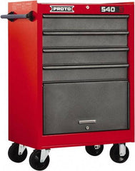 Proto - 4 Drawer Steel Tool Roller Cabinet - 27" Wide x 42" High x 18" Deep, Ball Bearing Drawer Slides, Safety Red/Gray - Eagle Tool & Supply
