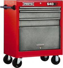 Proto - 3 Drawer Steel Tool Roller Cabinet - 27" Wide x 35" High x 18" Deep, Ball Bearing Drawer Slides, Safety Red/Gray - Eagle Tool & Supply